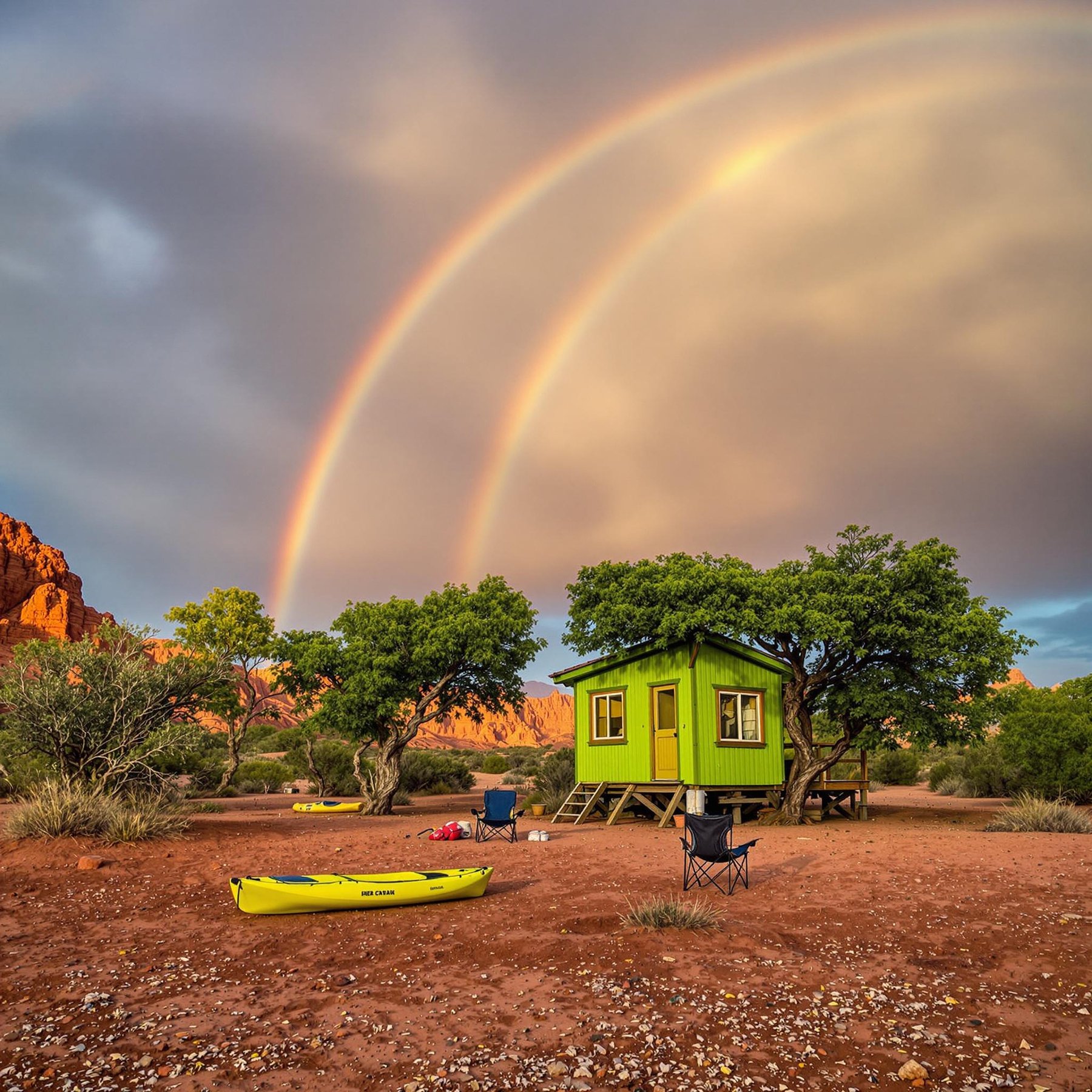 A bright green cabin sits under a stunning double rainbow, surrounded by red rocks and leafy trees. The sandy ground has cozy chairs and a cheerful yellow kayak ready for adventure. The scene feels magical and peaceful, perfect for relaxing and exploring.