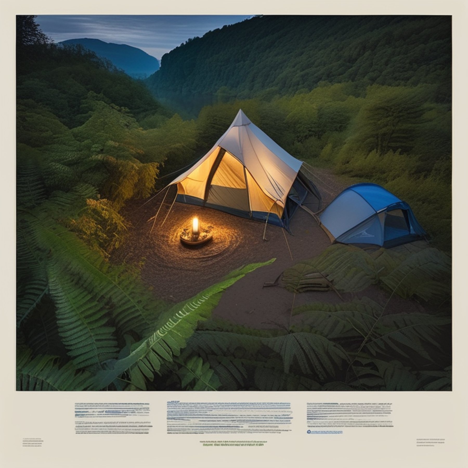 A blue tent sits on a quiet dirt campsite beside a gentle river. Ferns cover the ground, while a warm lantern glows nearby under the clear night sky. Hikers enjoy the peaceful outdoor setting.