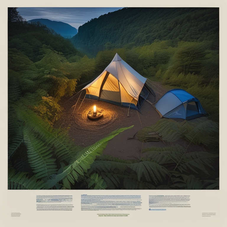 A blue tent sits on a quiet dirt campsite beside a gentle river. Ferns cover the ground, while a warm lantern glows nearby under the clear night sky. Hikers enjoy the peaceful outdoor setting.