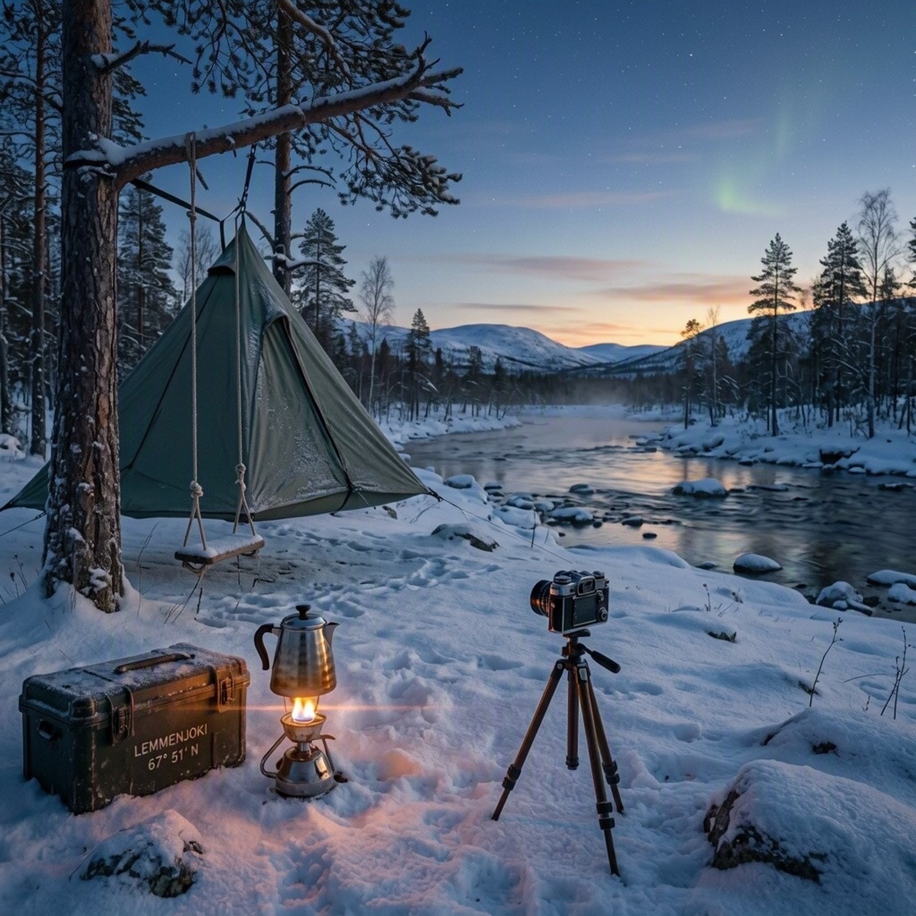 A quiet snowy campsite rests beside a calm river in Finnish Lapland. A green tree tent hangs among the pine branches, with a rope swing nearby. Warm coffee gear and an old camera add a cozy touch beneath the blue twilight sky.
