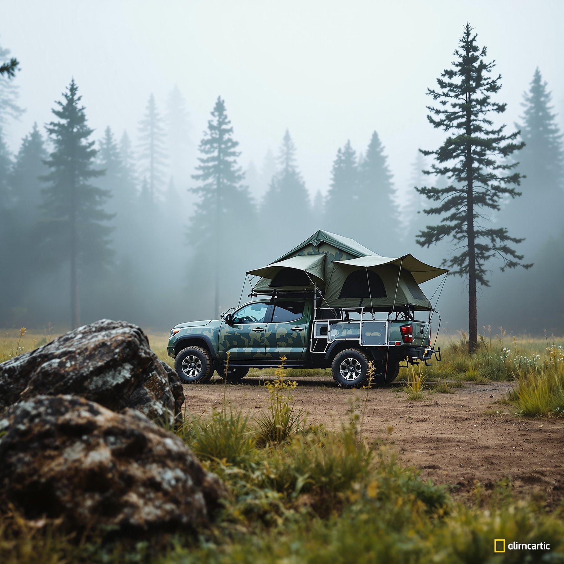 A green truck with a rooftop tent sits in a quiet, foggy forest. Tall pine trees and big rocks surround the campsite, making it feel peaceful and wild. It's the perfect spot for a cozy outdoor adventure.