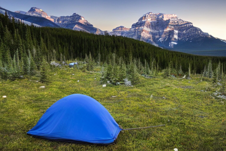 A blue tent rests on a quiet dirt clearing beneath a star-filled sky. Fog drifts over the rolling hills, while mossy trees and berry bushes surround the campsite. A soft moon glows in the distance.
