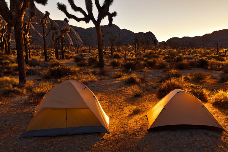 A cozy brown tent sits on a paved campsite in Joshua Tree National Park. Golden sunlight warms the dry ground and rolling hills, while hikers pass nearby. A soft flashlight glow shines from inside the tent.