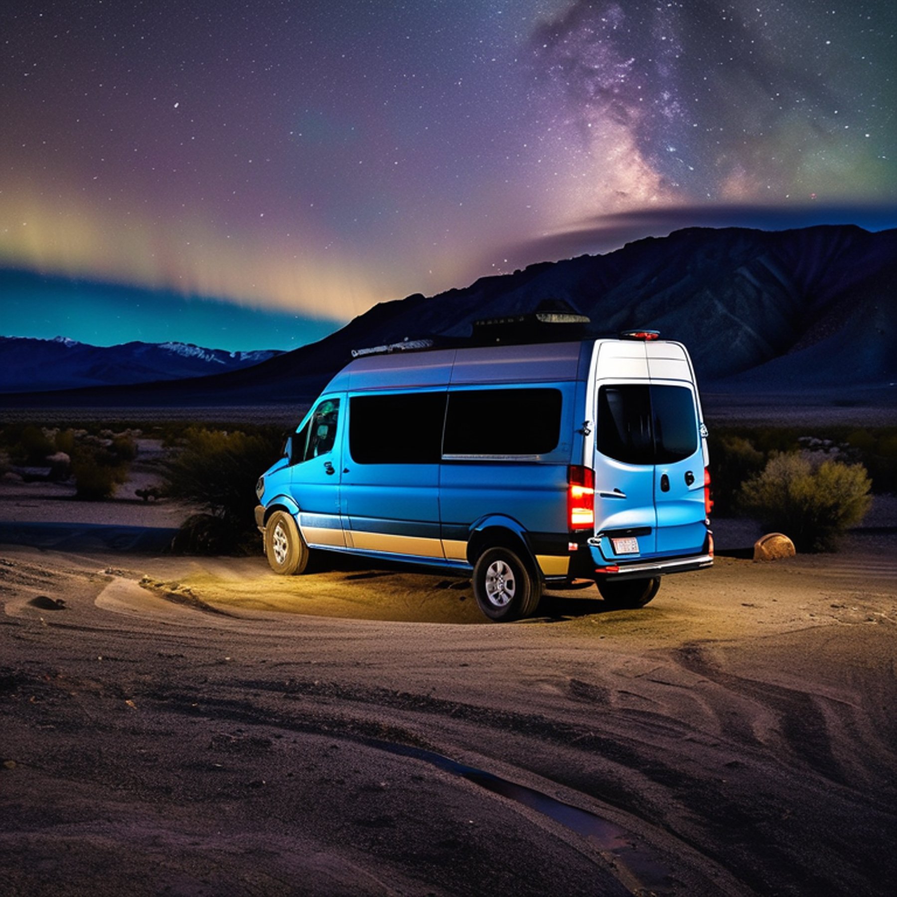 A blue camper van rests on a quiet dirt campsite among rocks and boulders. Soft fog drifts across the desert as bright green auroras glow in the night sky.