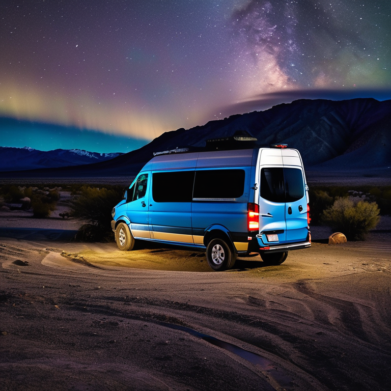 A blue camper van rests on a quiet dirt campsite among rocks and boulders. Soft fog drifts across the desert as bright green auroras glow in the night sky.
