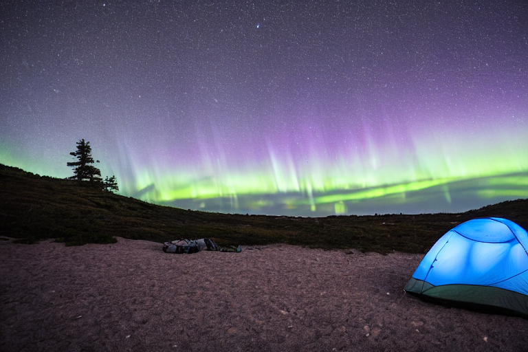 Two blue and gray tents sit beside a warm campfire under glowing northern lights. A small stream winds through the rough campsite, with a backpack resting nearby and the moon shining above.