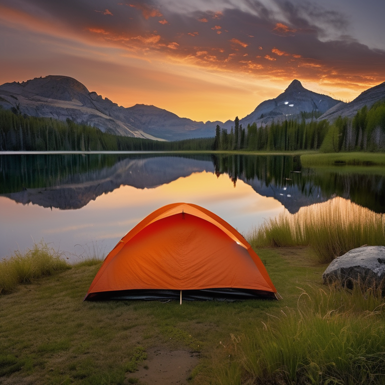 An orange tent sits beside a warm campfire near a quiet lake. Rainy sunrise light shines through the tall, overgrown grass, with a large rock nearby and leaves scattered across the dirt.