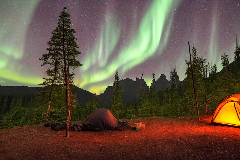 A black tent rests on a quiet dirt campsite beneath glowing northern lights. A small campfire warms the clearing, with logs nearby and a hammock hanging between trees. Misty mountains rise in the background, making the night feel peaceful and magical.