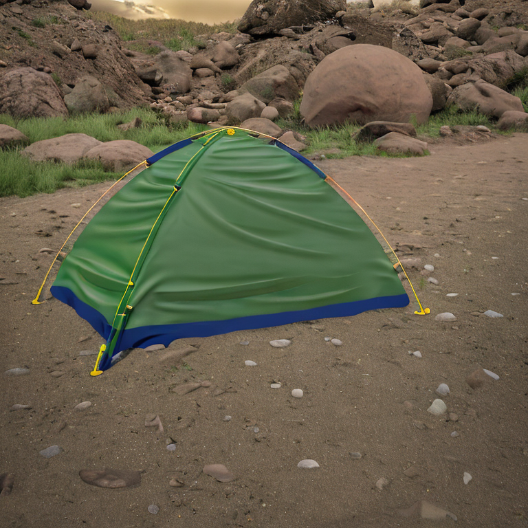 A green tent rests on a dirt campsite beneath a star-filled, stormy sky in Colorado. Boulders, gravel patches, and a box of camping gear surround the nearby hiking path.