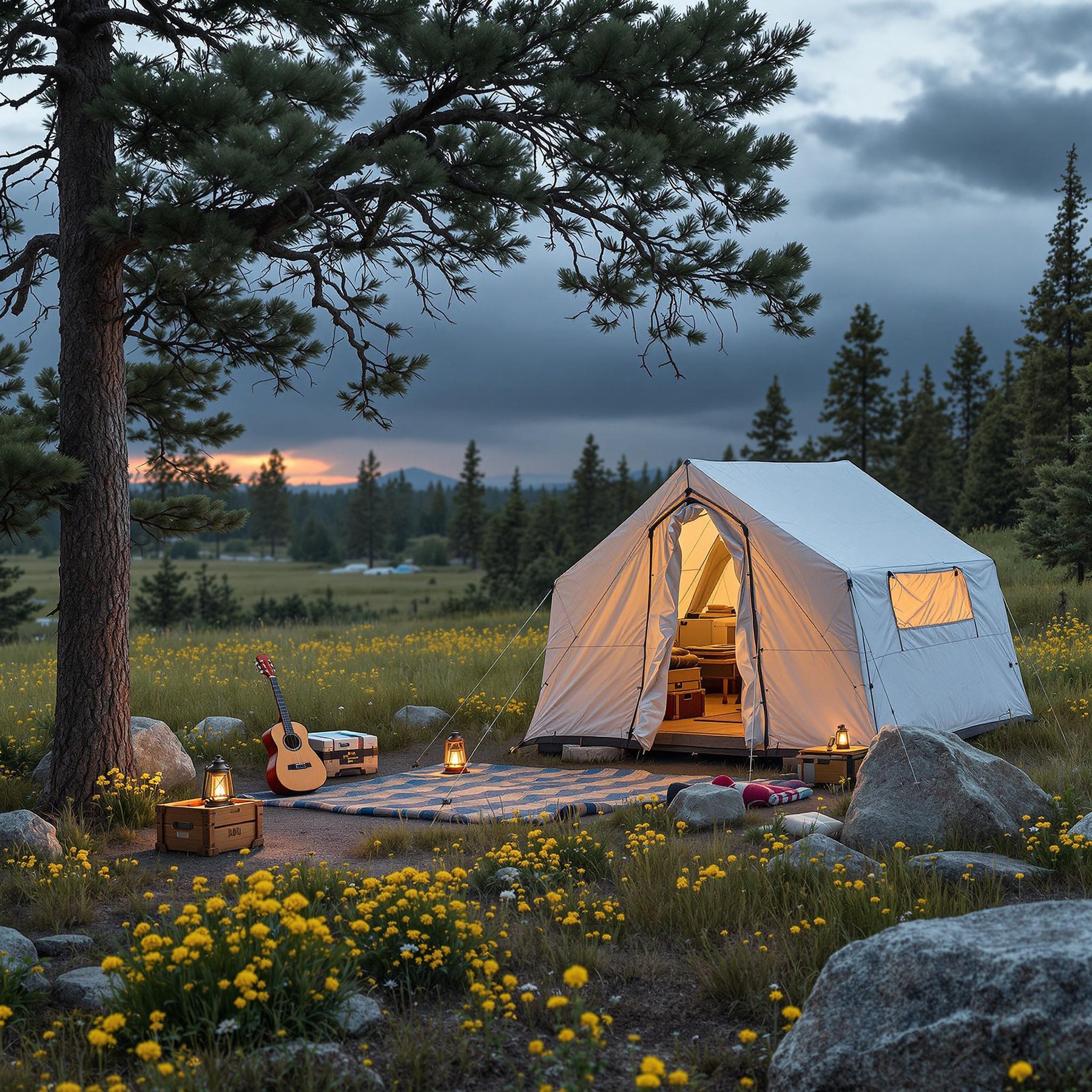 A white truck bed tent rests in a wildflower meadow in Yellowstone, surrounded by boulders and camping gear. A wooden guitar and glowing lantern sit nearby as dark storm clouds and lightning fill the sky.