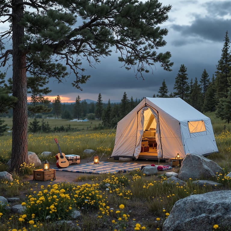 A white truck bed tent rests in a wildflower meadow in Yellowstone, surrounded by boulders and camping gear. A wooden guitar and glowing lantern sit nearby as dark storm clouds and lightning fill the sky.