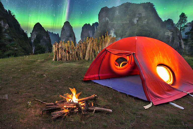 A cozy tent rests in a grassy campsite beneath glowing green and blue northern lights. A warm campfire flickers beside a large log, while snow falls softly around the trees and distant mountains. Clothes sway on a nearby clothesline, adding a homey touch.