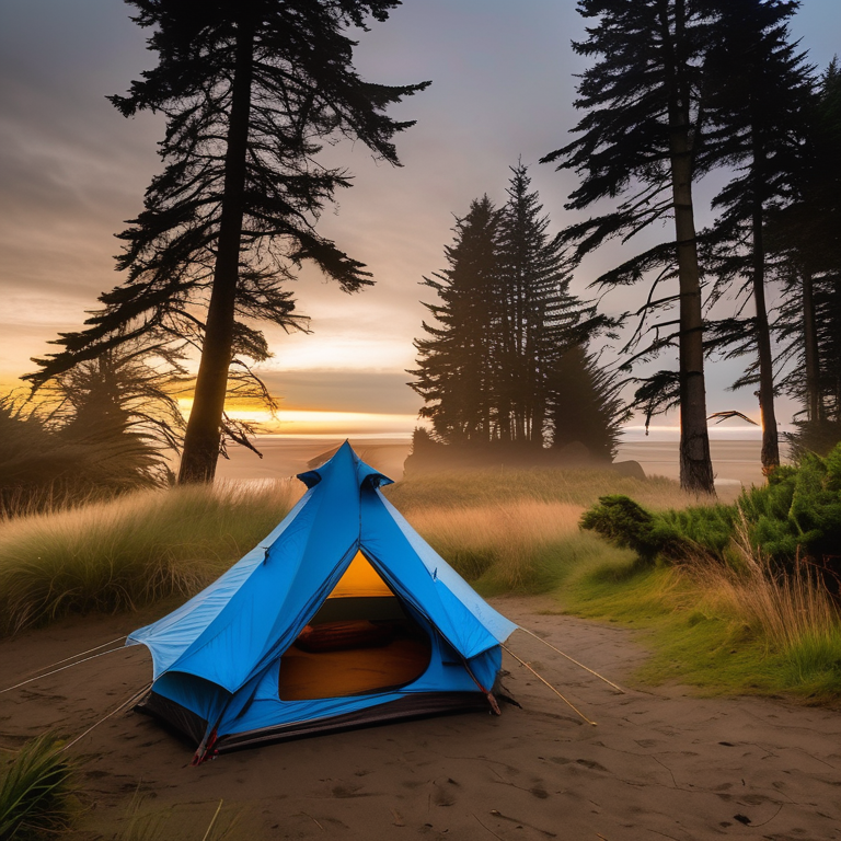 A blue and gray tent rests on a quiet dirt campsite near Cannon Beach. Tall trees and grass surround a warm campfire, with a hammock tied between the trees. The cloudy sunset sky gives the peaceful beach camp a cozy glow.