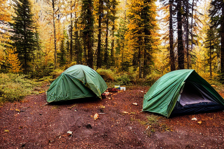 A green tent sits on a paved campsite beneath colorful fall trees. Rainy weather gives the scene a cool, peaceful feel, while a small campfire and camping stove add warmth.