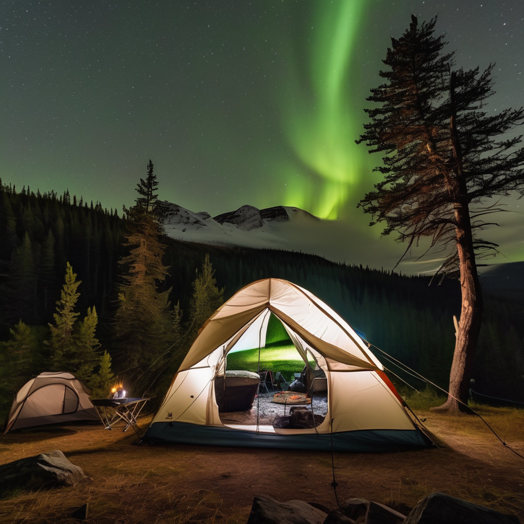 A white dome tent rests at a scenic overlook beneath glowing northern lights. A waterfall frames the view, with a picnic table, camping stove, and large rock nearby. Misty air and a spider web between the trees add to the peaceful night.