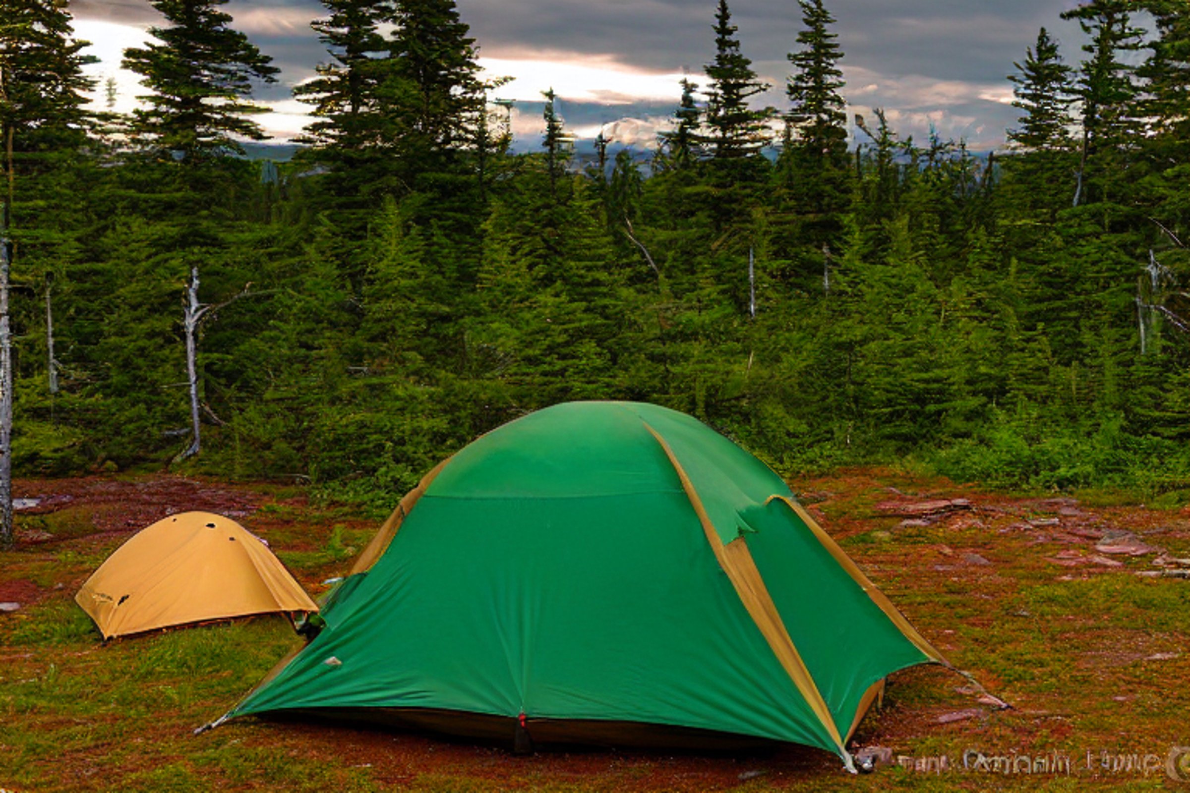 A green and tan tent rests on a rocky dirt clearing in Isle Royale National Park. Bushes surround the campsite, while a warm campfire glows beside a large log. A dark mountain rises in the stormy night beyond.