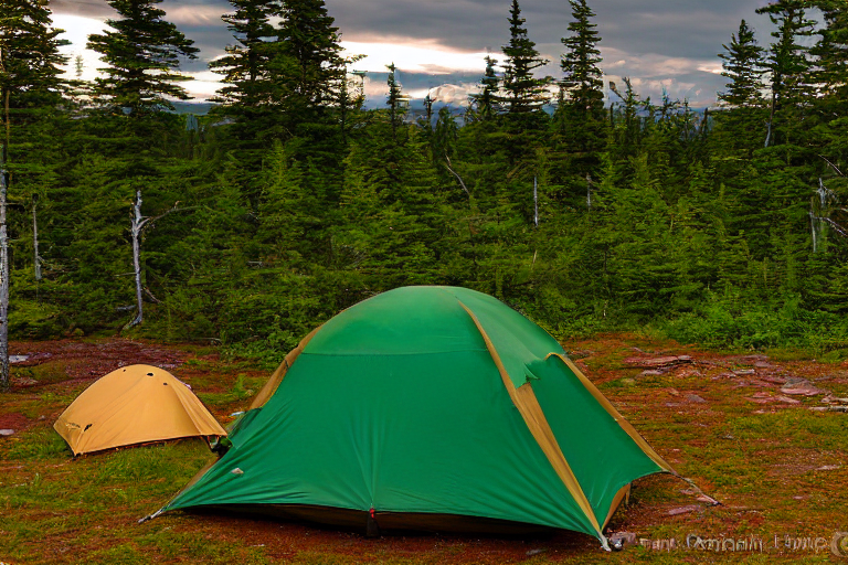 A green and tan tent rests on a rocky dirt clearing in Isle Royale National Park. Bushes surround the campsite, while a warm campfire glows beside a large log. A dark mountain rises in the stormy night beyond.