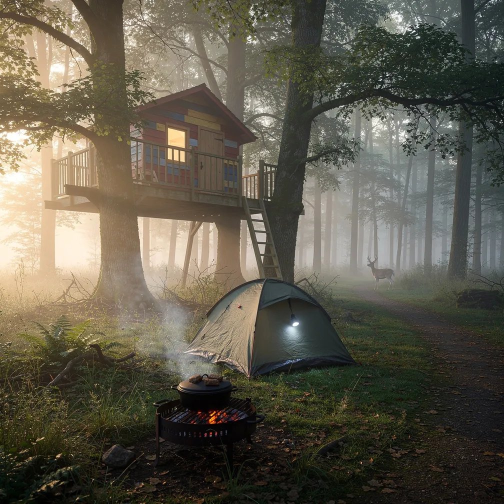 Morning mist drifts through tall trees, and the wet grass shines with dew. A bright wooden treehouse sits in the branches above a cozy tent with a little headlamp. Nearby, a dutch oven rests on warm coals, sending a thin curl of smoke into the cool air. At the edge of the woods, a quiet deer watches the campsite.