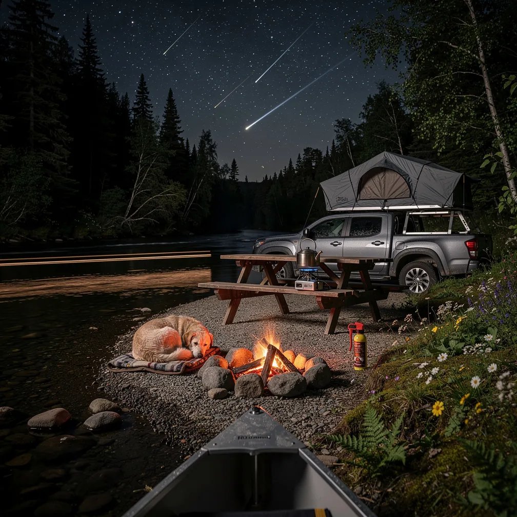 A quiet creek camp glows softly in the dark, with a small fire flickering on the gravel shore. A truck bed tent sits by the water, and a dog sleeps curled up near the warm embers. Stars streak overhead in a meteor shower while thin fog drifts across the creek and wildflowers line the mossy bank.