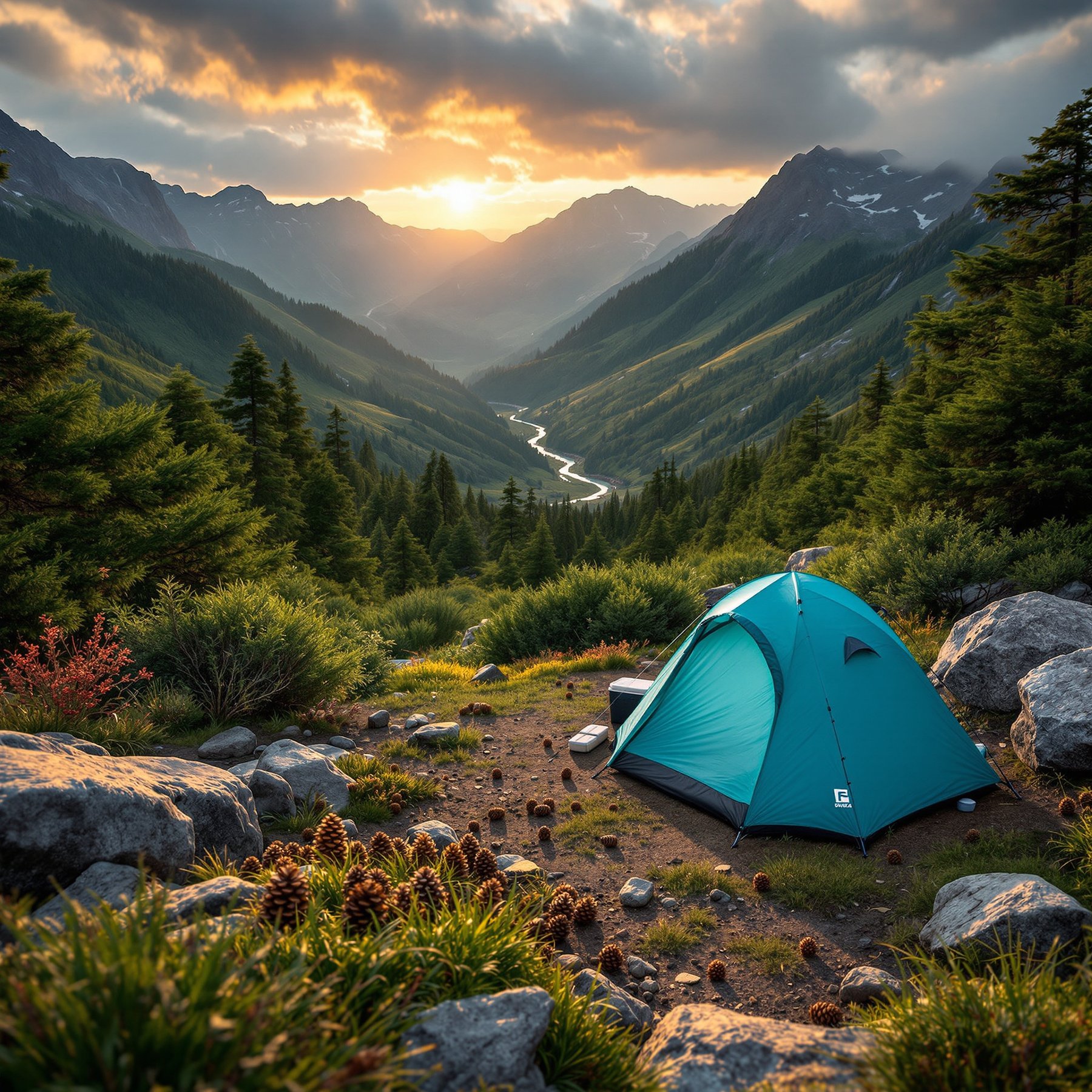 This cozy campsite sits high in the mountains, surrounded by tall pine trees and wildflowers. You can watch the river wind through the green valley below as the sun sets behind the peaks. It feels peaceful and full of adventure.