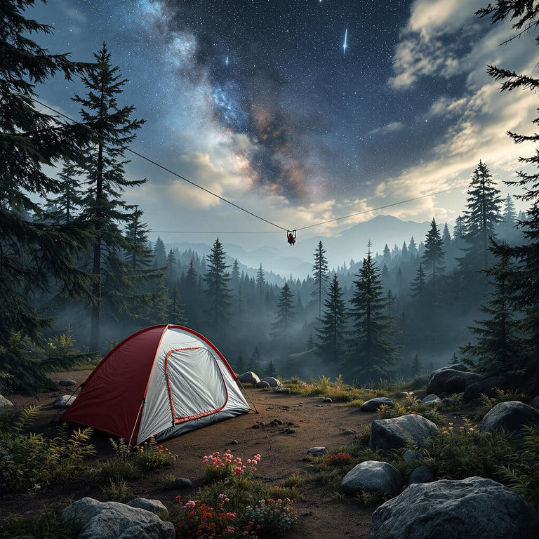 Nestled in a peaceful forest, this cozy campsite is perfect for adventure. Marvel at the starry sky above, while a zipline adds excitement in the distance. Surrounded by tall trees, it's a magical place to explore and relax.