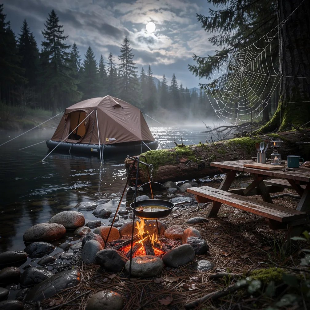 A quiet forest creek curls past a dark, still pool under a rising moon and broken storm clouds. A brown tent floats at the water’s edge, tied down as mist drifts over smooth river stones. Nearby, a small fire glows beside a fallen log, warming a skillet hanging over the flames. Dew on a tiny spider web sparkles between two trees.