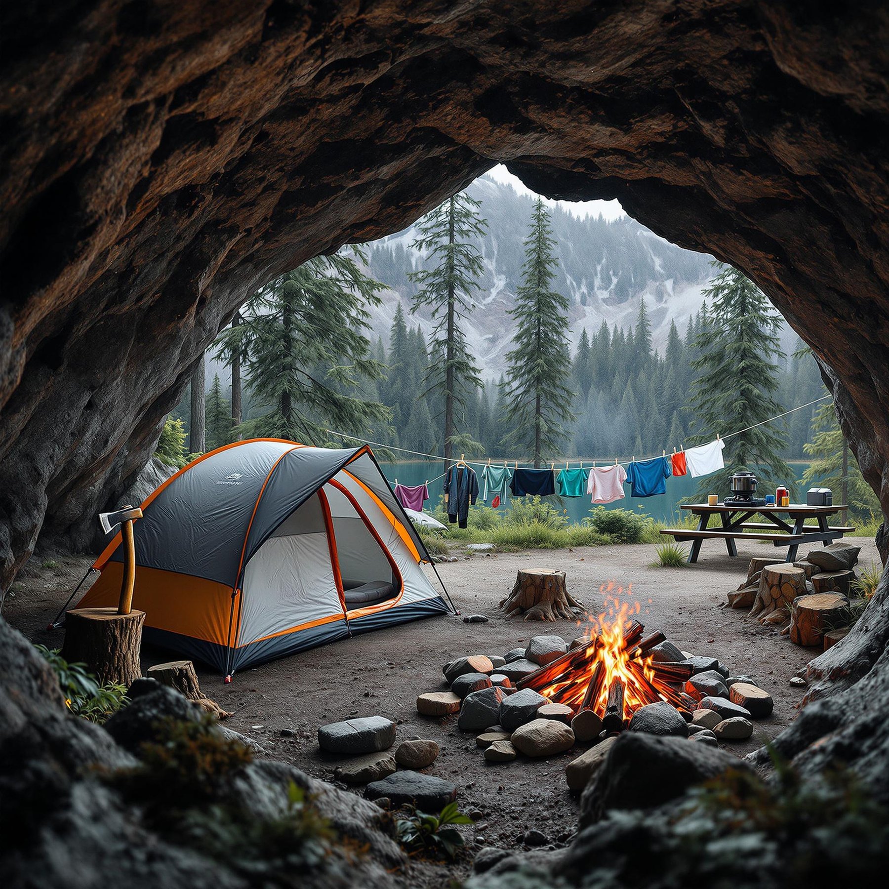 A cozy gray and orange tent sits outside a cave at Crater Lake under a cool, drizzly sky. A stone-ringed campfire, axe in a tree stump, and picnic table with a small stove make the campsite feel ready for adventure. Clothes sway gently on a nearby line.