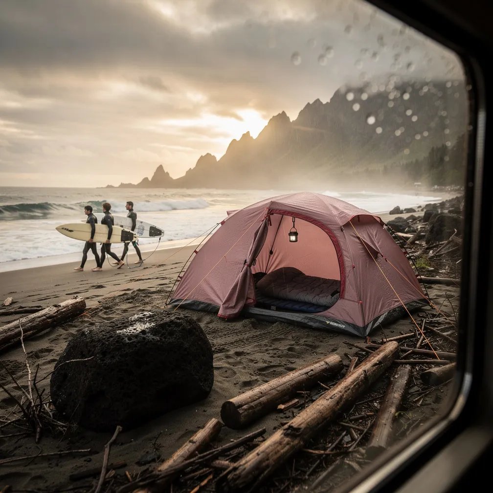 A cozy dusty-rose tent sits in a hidden coastal cove, surrounded by wet sand, driftwood, and a big dark rock. The sky is cloudy at dusk, and the light looks soft and golden through the mist. Near the water, a few surfers in wetsuits walk by with their boards as small waves roll in. Inside the tent, you can spot a sleeping pad and a little headlamp hanging up.