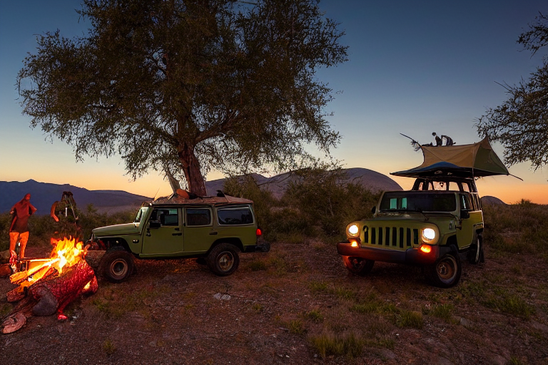 A green camo Jeep with a rooftop tent rests beside a warm campfire in Death Valley. Tall grass surrounds the dirt campsite, while a clear, starry sky spreads overhead.