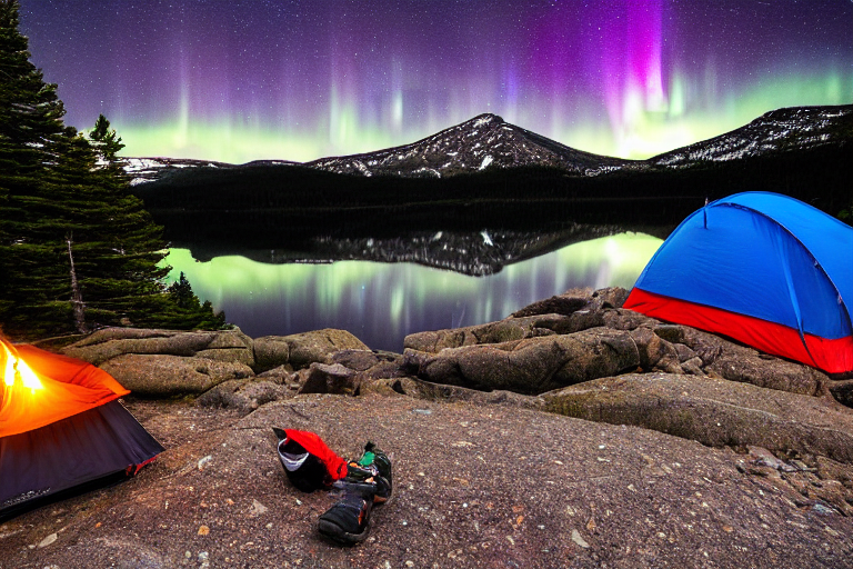 A black tent rests beside a warm campfire on a snowy patch in Acadia National Park. Bright green northern lights dance above the mountain, while flowers, a backpack, and camping gear sit nearby.