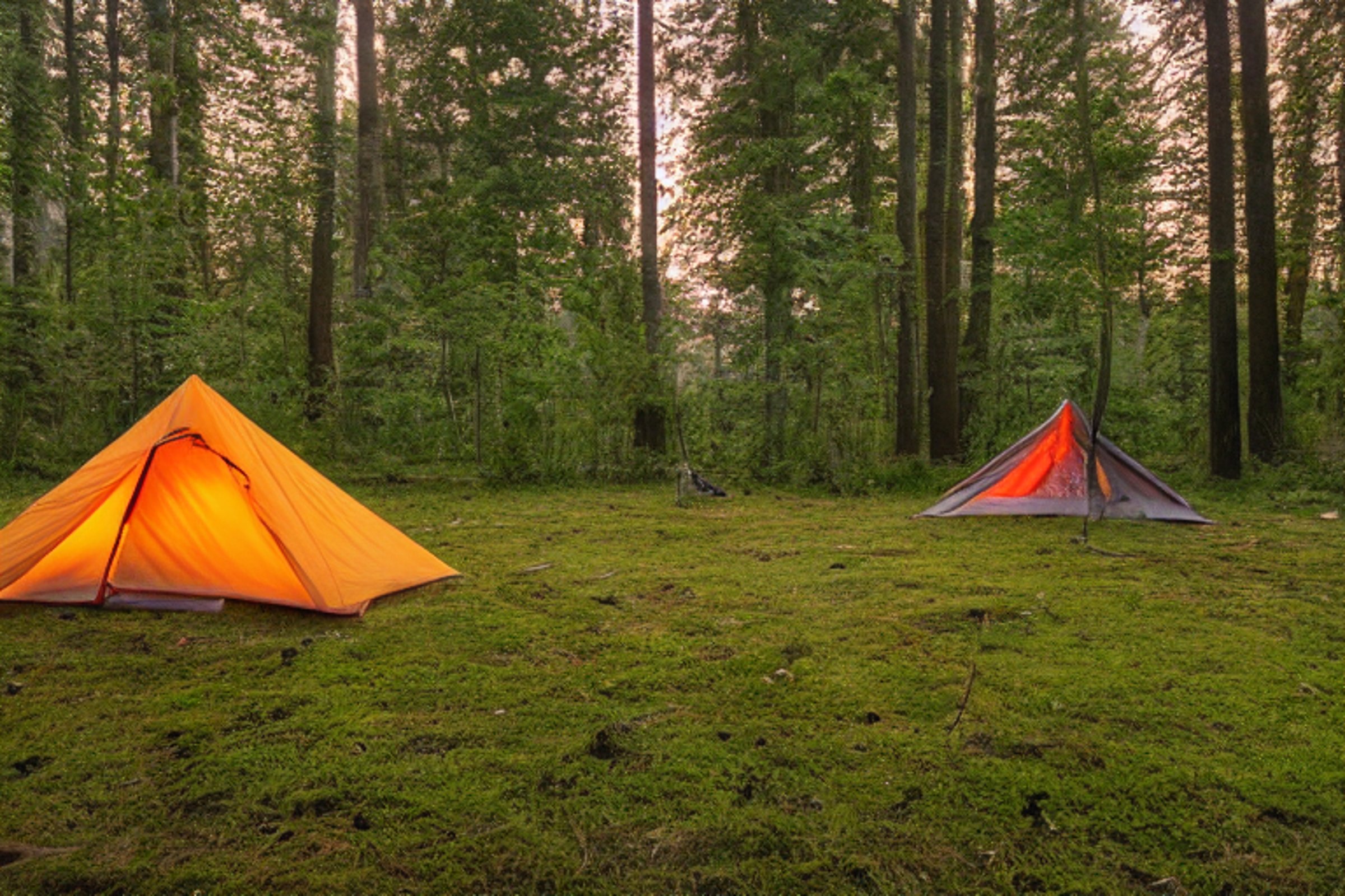 A colorful tent rests in a forest clearing beside a warm campfire. Tall trees, fallen leaves, and a hammock create a cozy outdoor retreat. A pale moon hangs in the cloudy sunset sky.