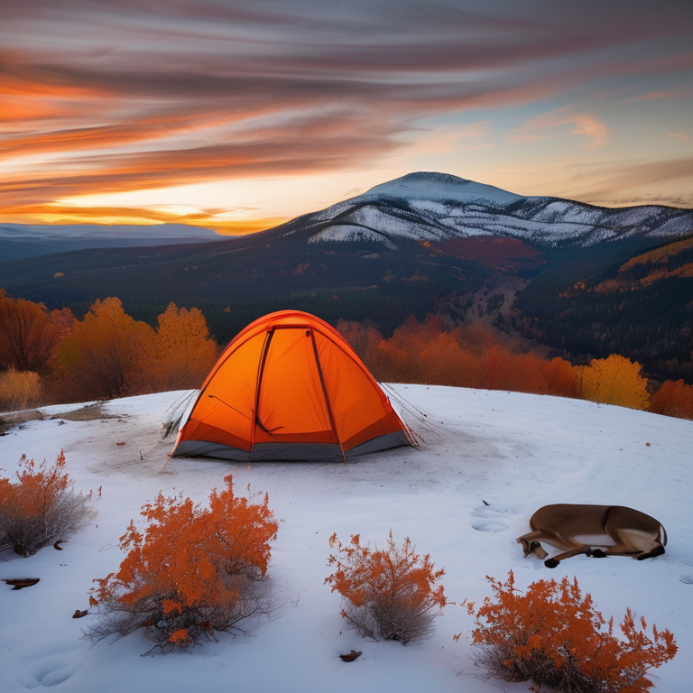 A gray and orange tent rests on a mountain campsite beneath a starry night sky. Snow, fallen leaves, and tall grass surround the dirt clearing, while colorful autumn trees frame the scene. A deer stands quietly in the distance.