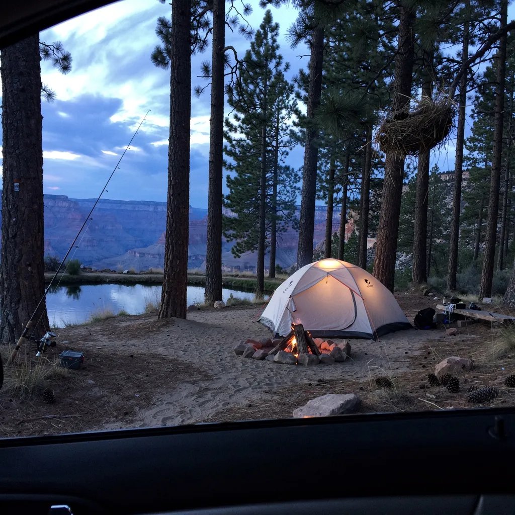 A white dome tent sits under tall pine trees as blue twilight settles in. A small pond glows nearby, and a stone fire ring holds warm, sleepy embers. A fishing rod leans on a tree, while the dark canyon rim rests far off under cloudy skies.