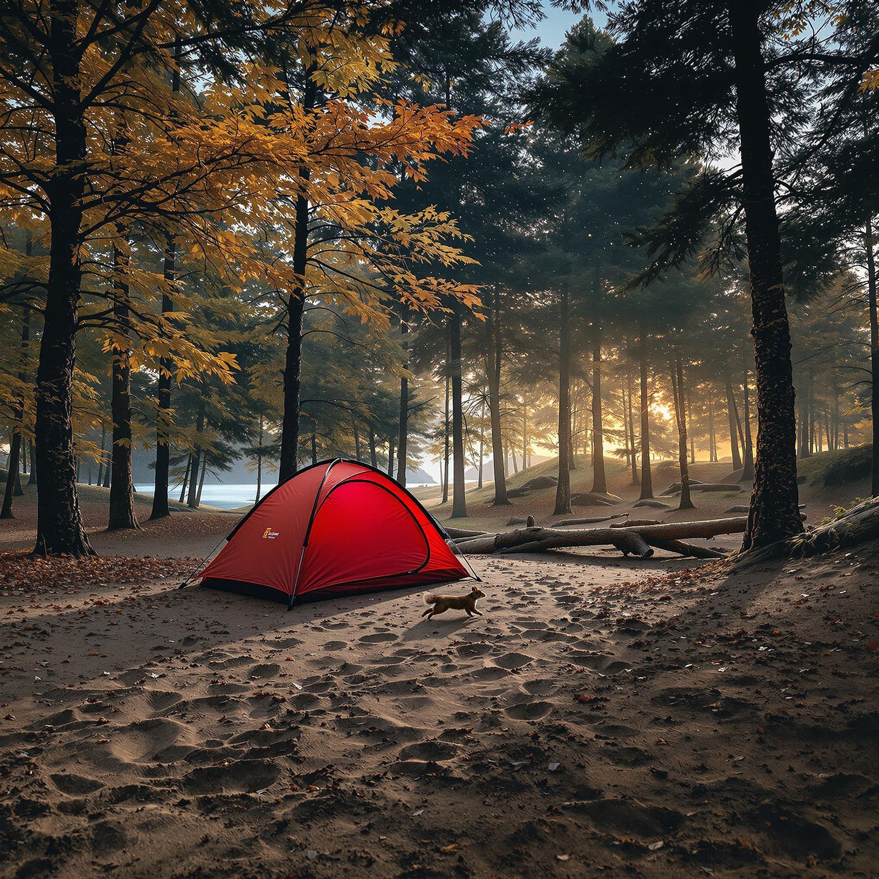 A bright red tent rests under tall trees, with golden leaves and a soft morning glow filling the forest. A playful squirrel dashes across the sandy ground, adding life to this peaceful hideaway. It's a magical spot where adventure and nature meet!