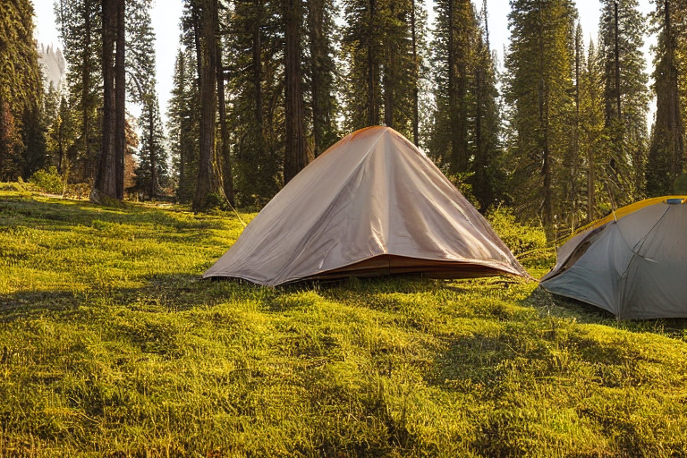 A cozy brown tent rests on a paved campsite as the sun rises over Yosemite’s rolling hills. Tall, mossy trees surround the site, while hikers pass by and clothes sway on a nearby line.