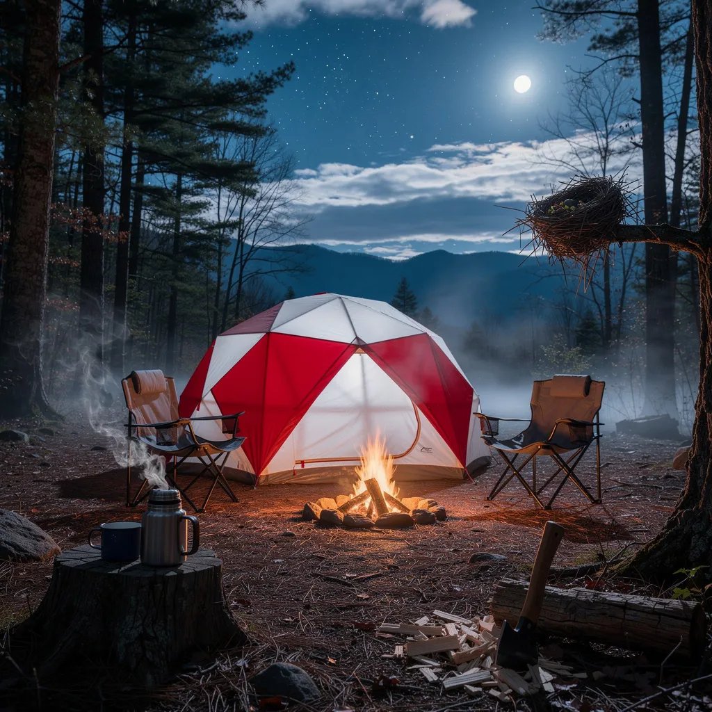 A cool blue night wraps around a misty forest clearing in the Smoky Mountains, with stars peeking through thin clouds. A red-and-white dome tent glows softly by a small campfire, with two chairs waiting nearby. Steam curls from a coffee thermos on a stump, and an axe rests in a chopping block while a tiny bird’s nest sits tucked in a tree branch.