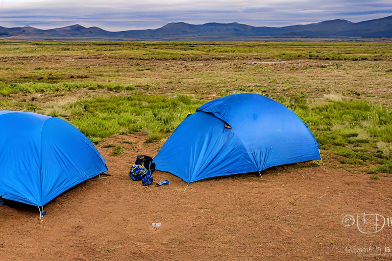 A blue tent rests on a dirt campsite beneath a cloudy dusk sky in the open Idaho plains. Camping gear, a backpack, and friendly surfers add a lively touch to the peaceful scene.