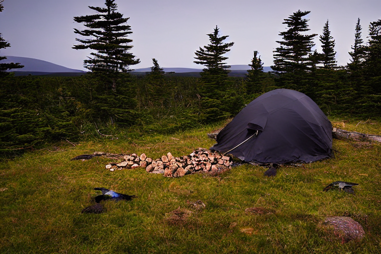 A black tent rests on a dirt clearing in Acadia National Park. Bushes, rough ground, and tall grass surround the campsite, while a warm campfire glows beside the logs. Rainy dusk skies and distant birds create a quiet, wild mood.