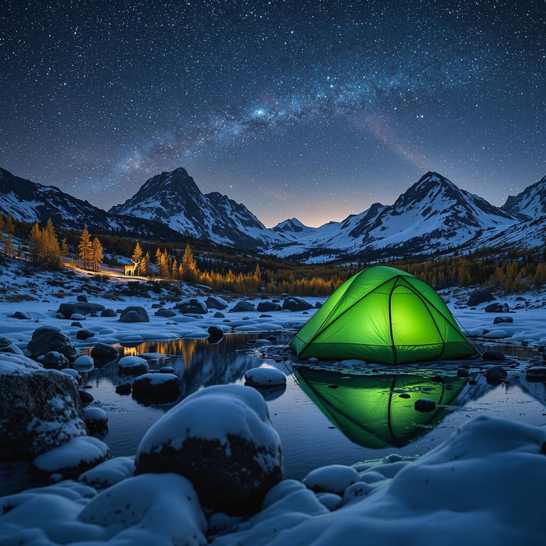 A bright green tent sits beside a quiet lake in Denali National Park. Snow swirls beneath a starry sky, while mountains, fall-colored trees, and boulders frame the scene. A deer stands in the distance, reflected in the dark water.