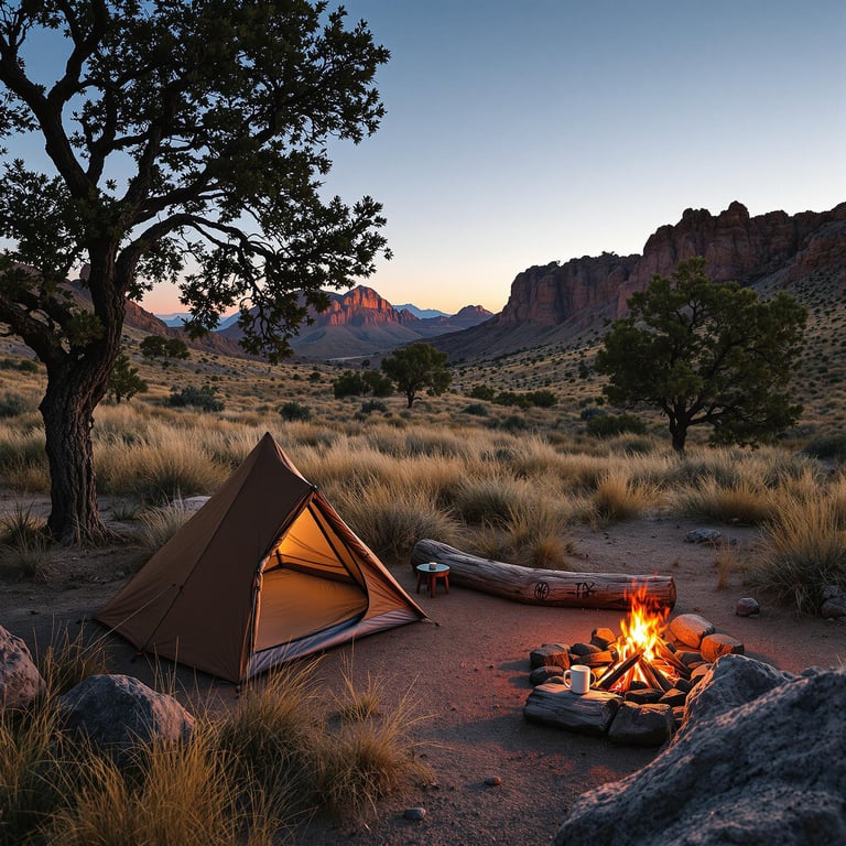 A cozy brown tent rests among tall grass and large trees in the rolling hills of Big Bend National Park. Nearby, a campfire warms a mug sitting on a log, while ancient petroglyphs mark the rocks. Golden magic-hour light gives the dry campsite a peaceful glow.