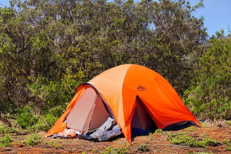 A bright orange tent rests on a sunny paved campsite near San Diego Beach. Rolling hills, berry bushes, and a dirt patch add a natural touch. Camping gear and drying clothes make the spot feel ready for a fun outdoor day.