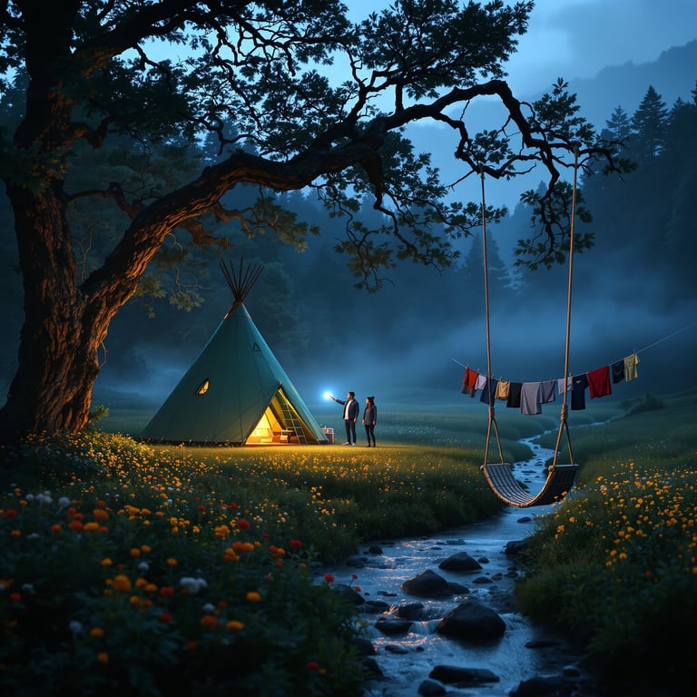 This cozy campsite sits beside a glowing creek, surrounded by wildflowers and a big tree. A teepee glows warmly under the stars, while clothes hang above a wooden swing. It feels peaceful and magical in the quiet night.