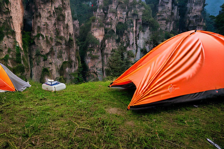 A gray and orange tent rests on a quiet dirt campsite as rain falls beneath a glowing sunset. A picnic table, warm lantern, and large log sit nearby, creating a cozy outdoor retreat.