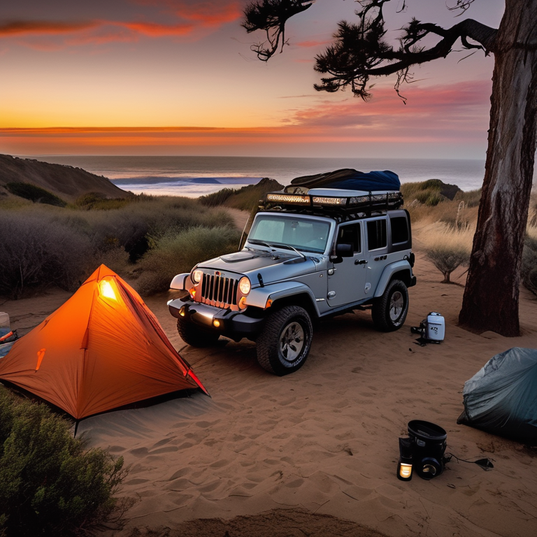 A gray and orange Jeep sits by a warm campfire on the California coast. Its rooftop tent is open, with a hammock hanging between the trees. Soft sunrise light shines through the cloudy sky as a camper walks nearby with a flashlight.