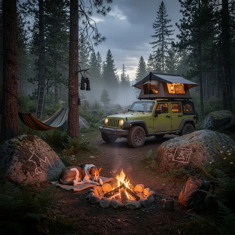 A quiet Montana forest campsite sits in the blue dusk, with damp moss, ferns, and big granite rocks marked with faint old carvings. A bright green Jeep waits in a small clearing, its rooftop tent glowing warmly. A hammock sways between two pine trees while a pair of binoculars hangs from a low branch. Beside a small crackling fire, a dog sleeps as thin smoke curls into the cool, misty air.