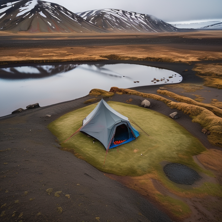 A colorful tent rests on a paved campsite in snowy Iceland. Boulders and bare dirt surround a small campfire with logs, while the wide sky adds a calm, wild feeling.