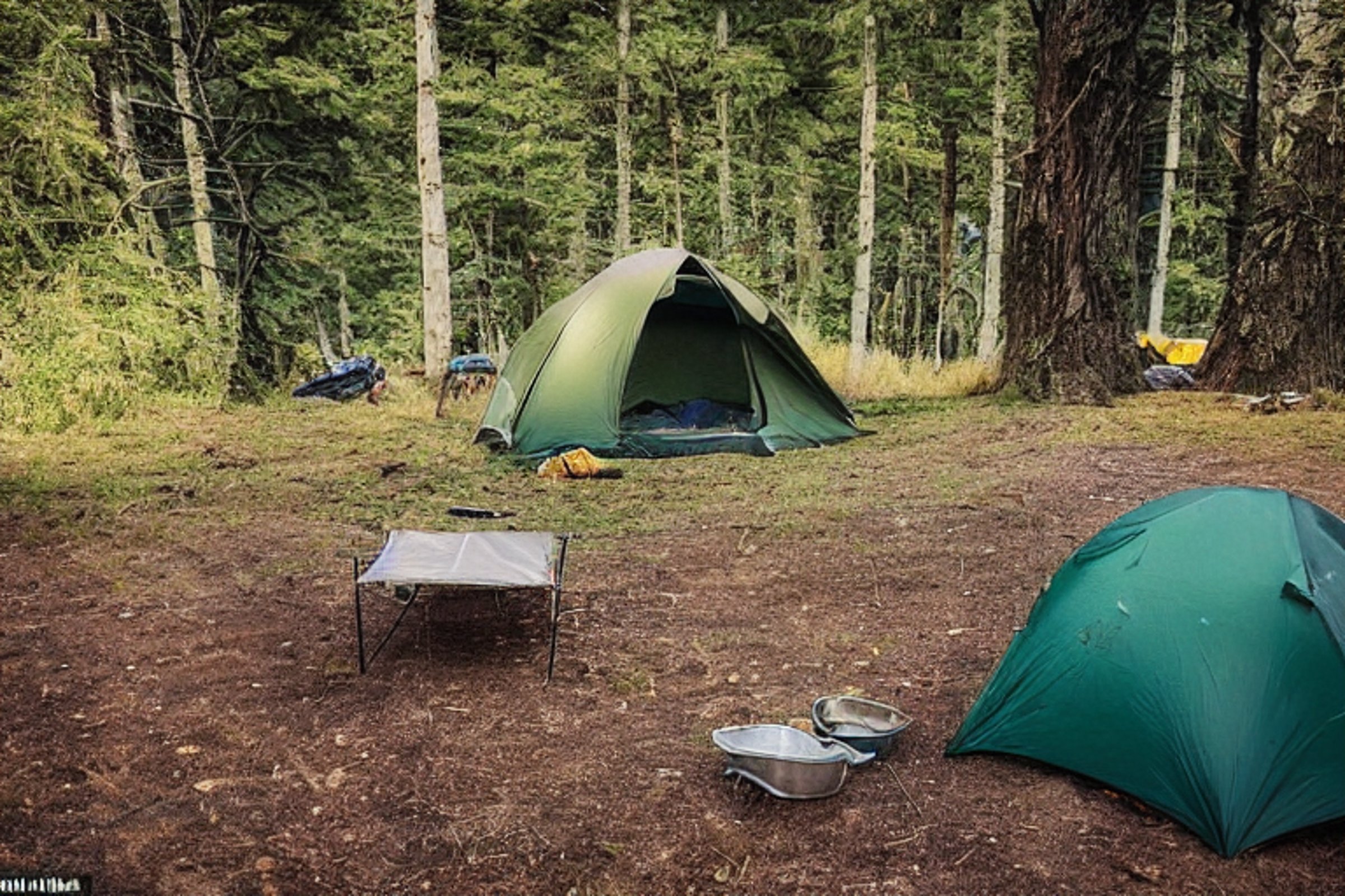 A forest-green tent rests beside a hot spring under a star-filled night sky. Snowy trees and a tall mountain surround the paved campsite, with a hammock, camping gear, and a distant moon adding cozy details.