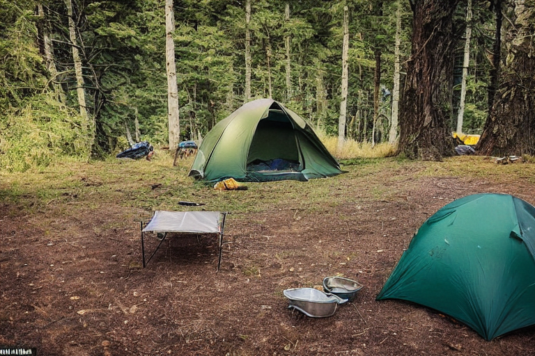 A forest-green tent rests beside a hot spring under a star-filled night sky. Snowy trees and a tall mountain surround the paved campsite, with a hammock, camping gear, and a distant moon adding cozy details.
