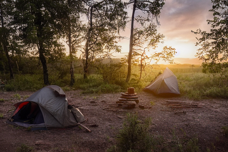A cozy tent rests beside a stone-ringed campfire in a rugged petrified forest. A winding dirt path, fallen twigs, and rough ground surround the campsite. Soft sunrise light glows beneath the cloudy sky.