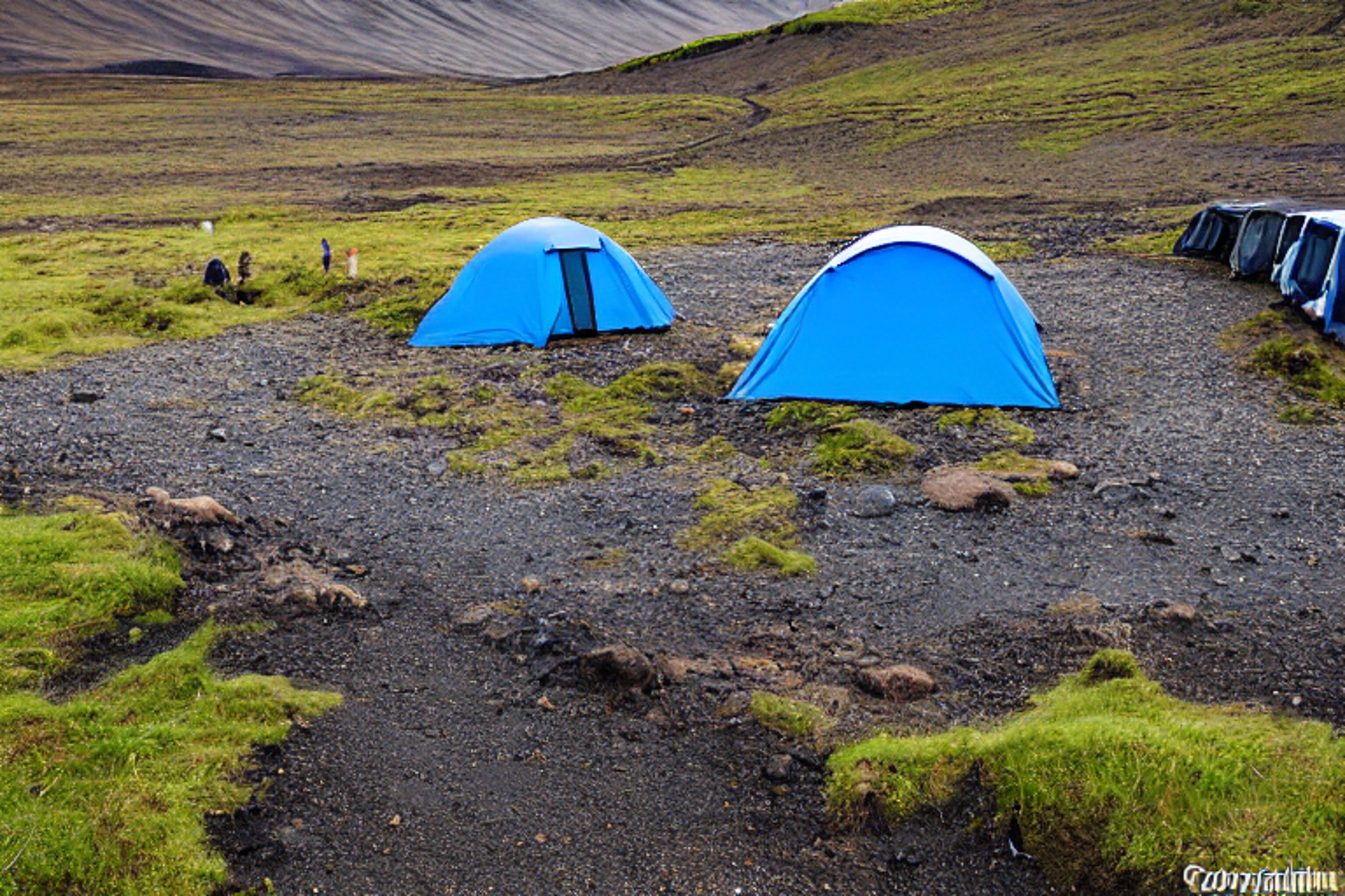 A bright blue tent rests on a paved campsite in Iceland, surrounded by dirt and scattered stones. Fog drifts across the quiet landscape as hikers explore nearby.